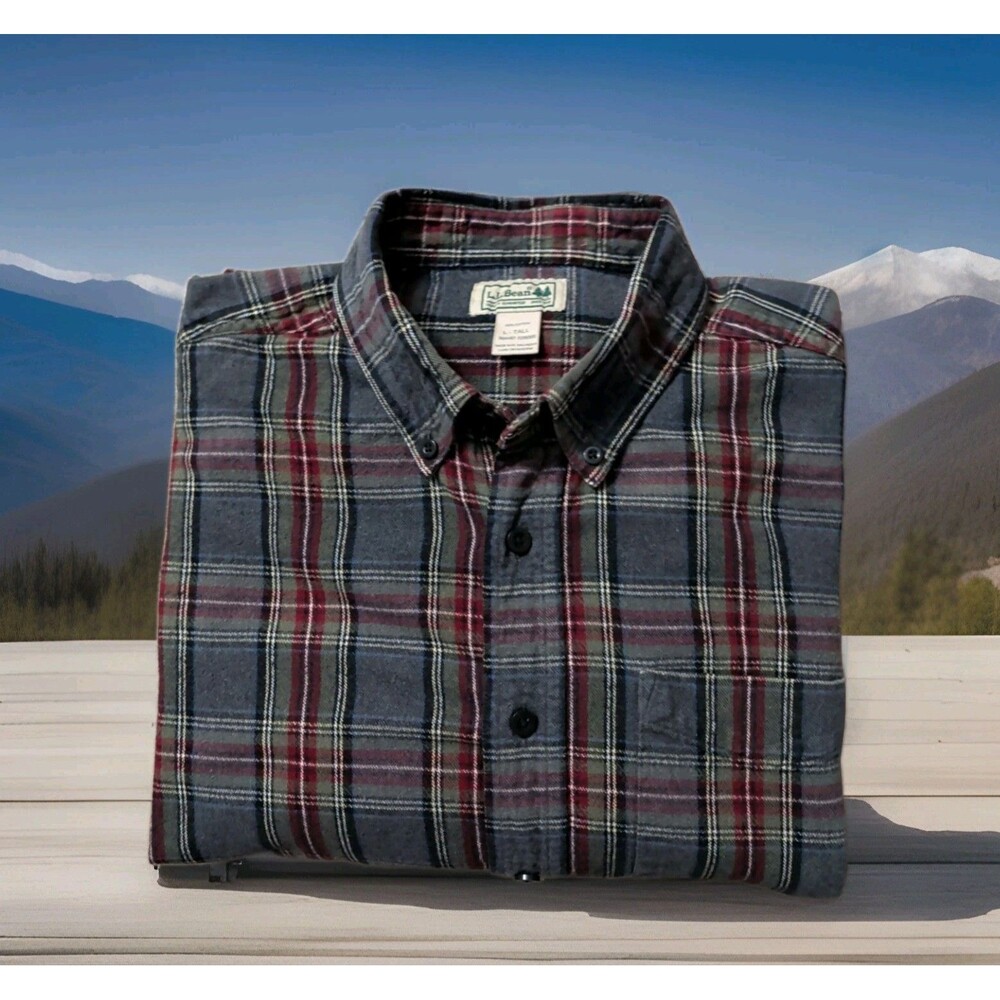 LL Bean Gray Red Plaid Flannel Long Sleeve Button Down Shirt Mens Size LT EUC